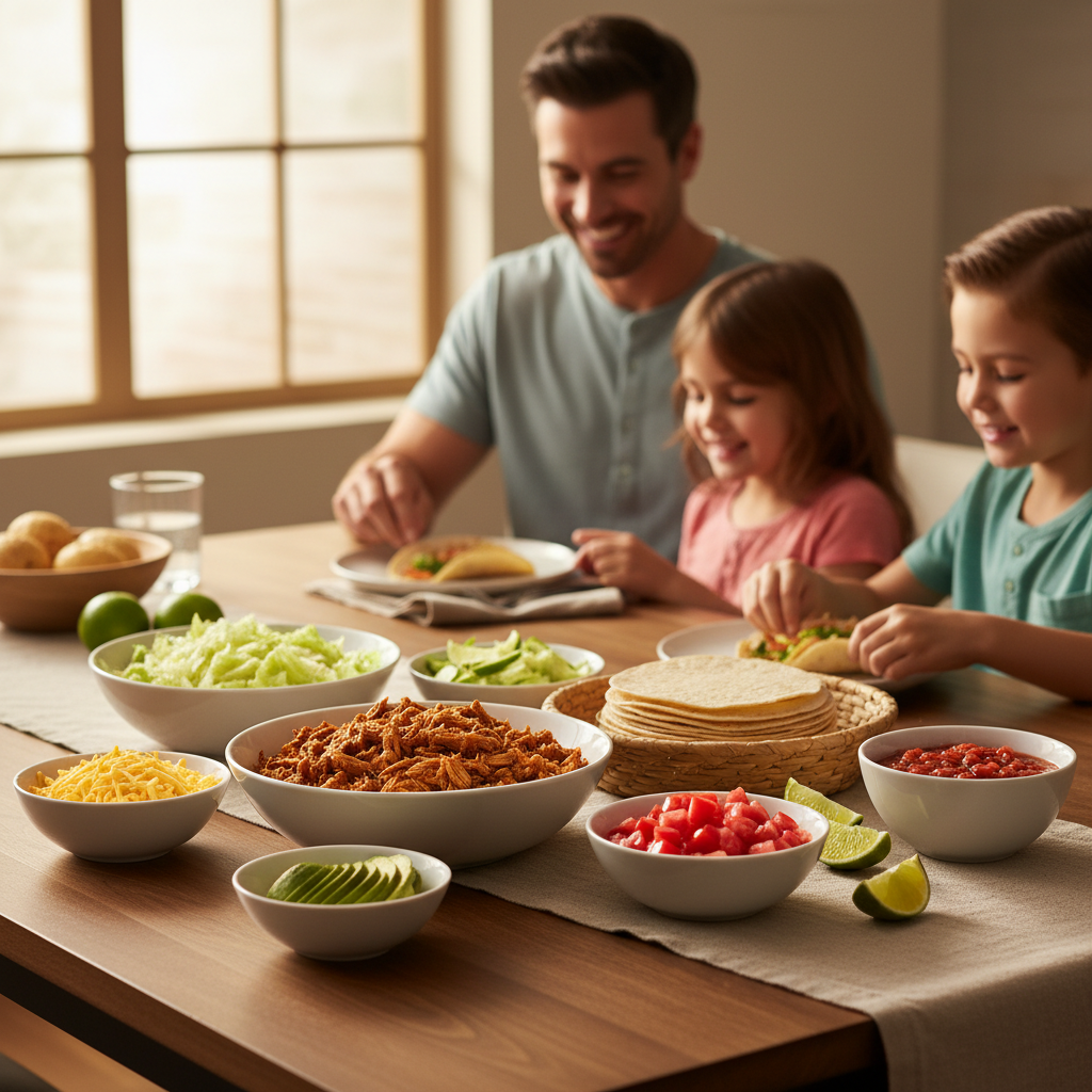 Kid-friendly taco bar made from slow cooker shredded chicken