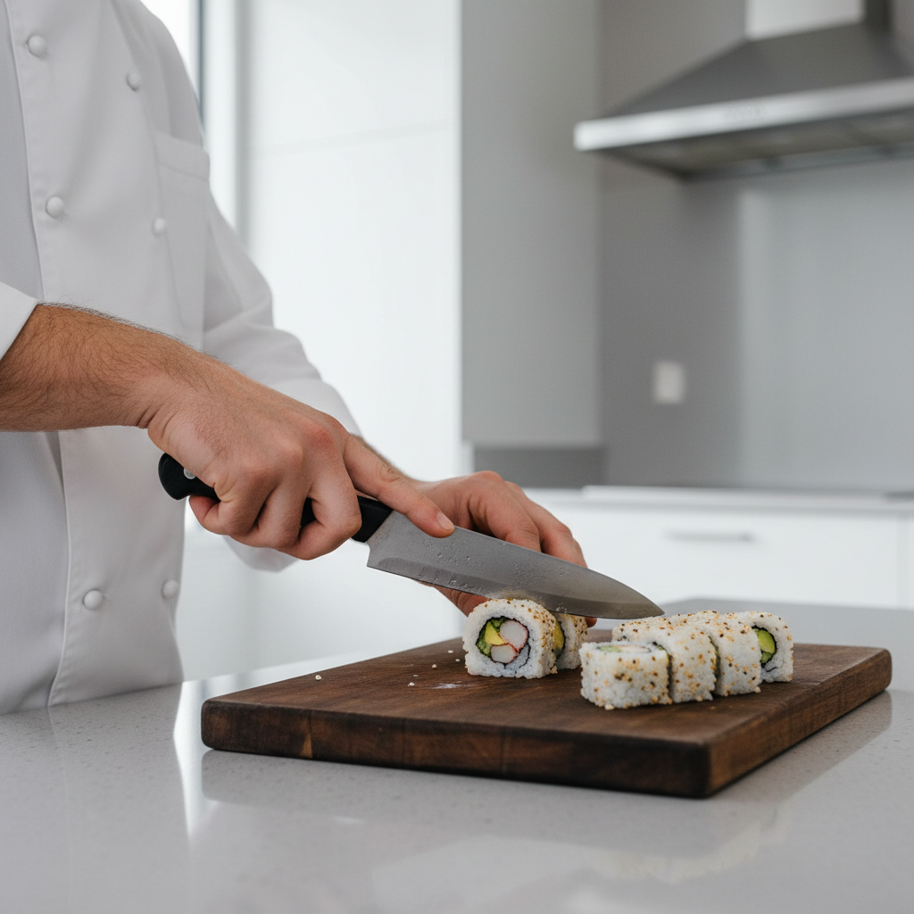 Slicing a California roll into clean pieces with a sharp knife