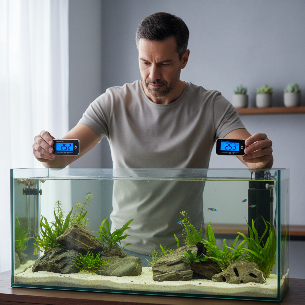 Aquarium temperature check using two thermometers at different tank locations