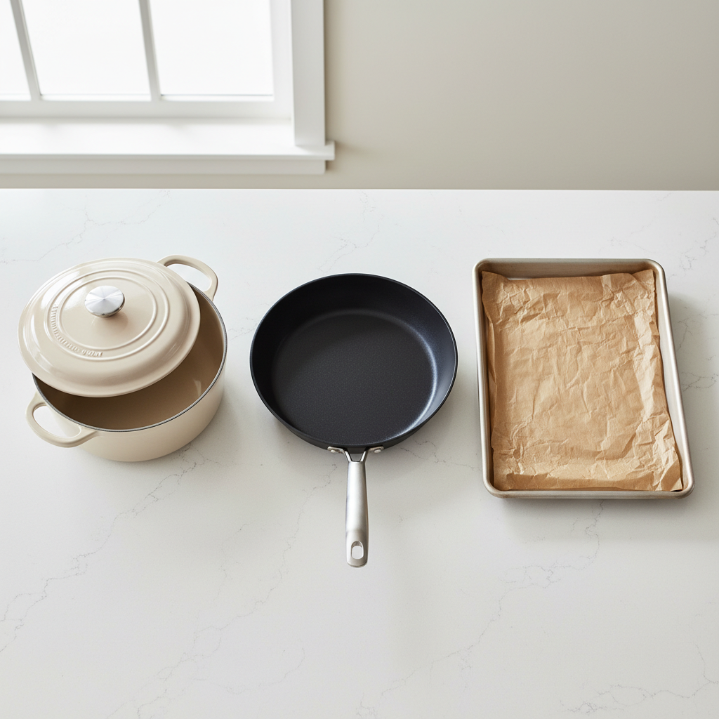 Comparison of one pot cookware: Dutch oven, deep skillet, and sheet pan on a kitchen counter