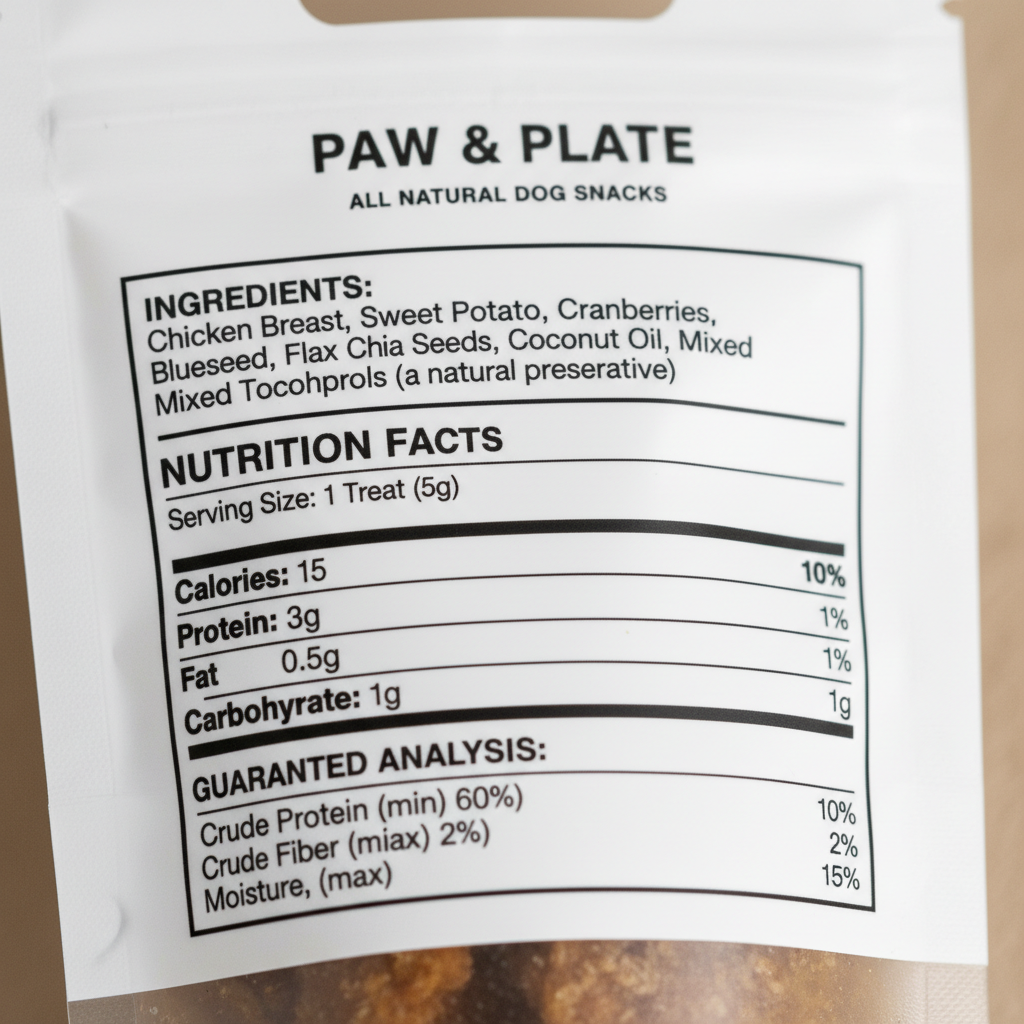 Close-up of ingredient label on a chicken flavor ferret treat stick