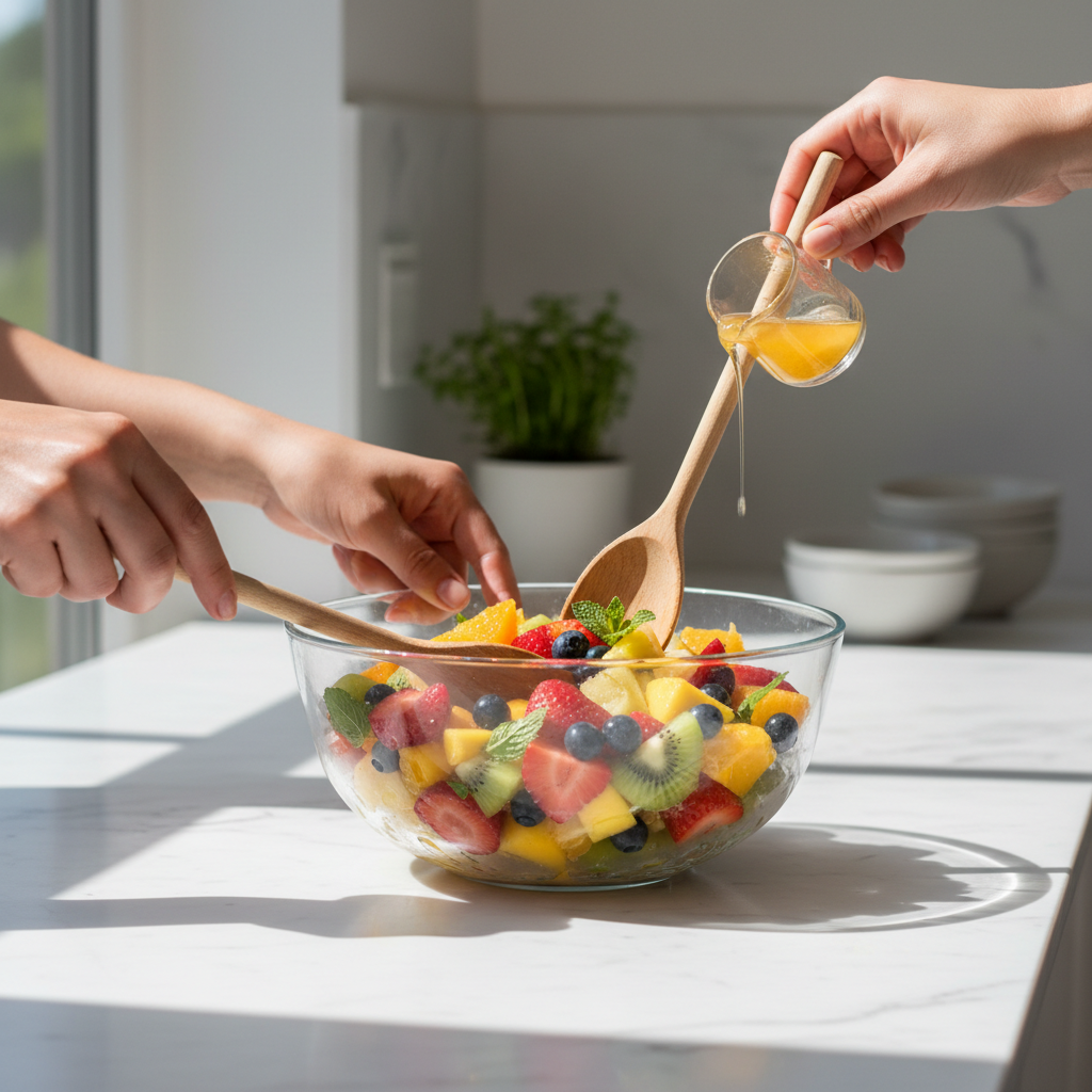 Summer fruit salad being tossed gently with citrus dressing in a glass bowl