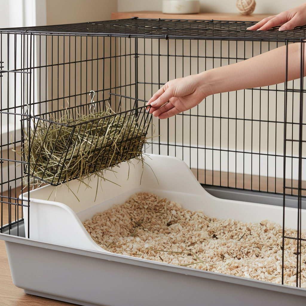 Step-by-step setup of rabbit hay feeder above litter box to keep cage clean