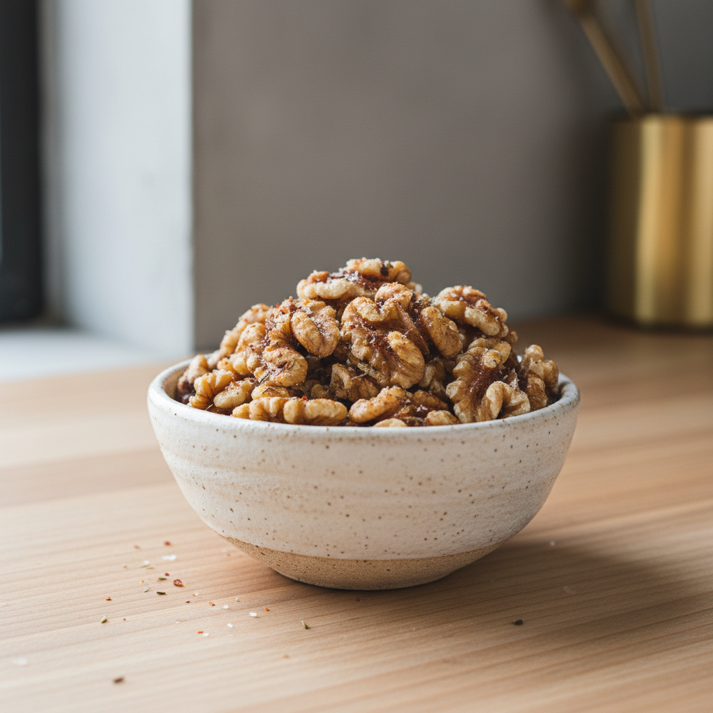 Seasoned toasted walnuts in a small bowl for crunchy toppings