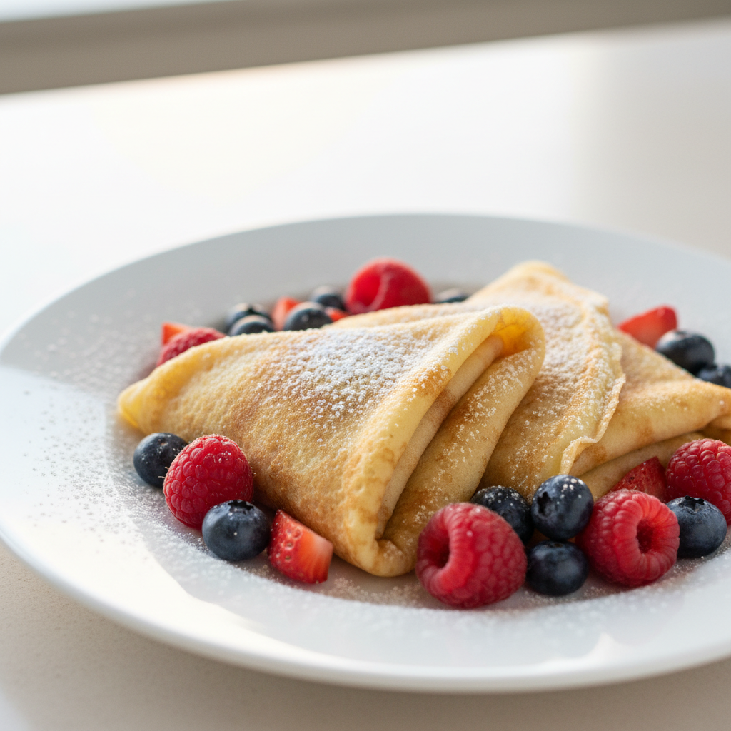 Thin sweet French crepes folded with berries and powdered sugar