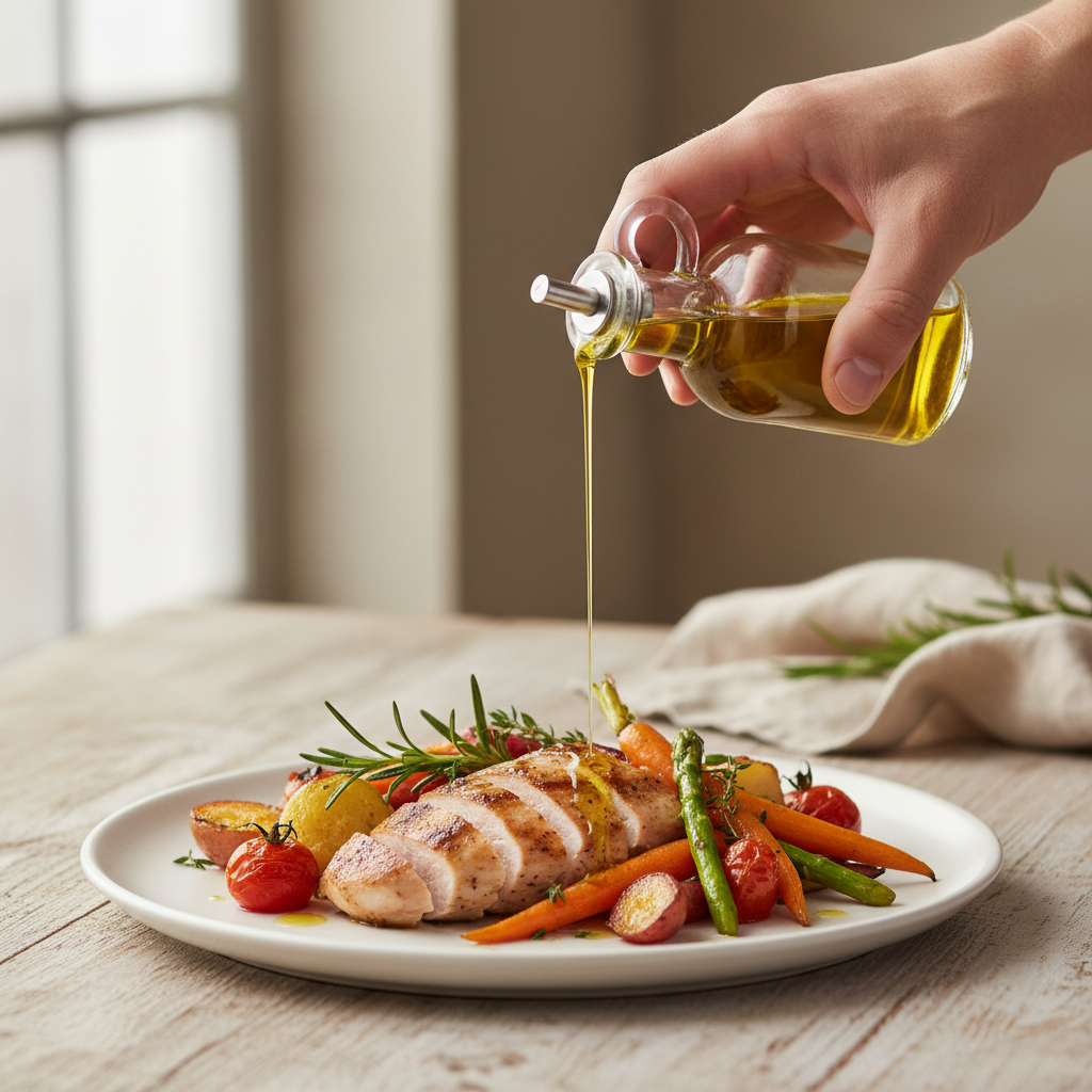 Finishing a cooked dish with a drizzle of extra virgin olive oil