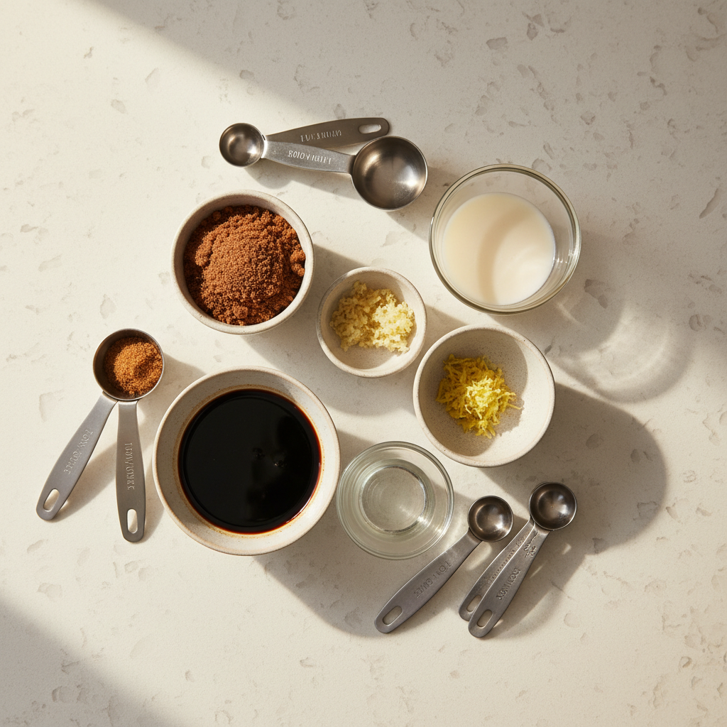 Teriyaki sauce ingredients measured on a kitchen counter