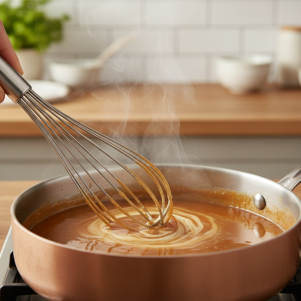 Homemade caramel sauce being whisked smooth after adding cream