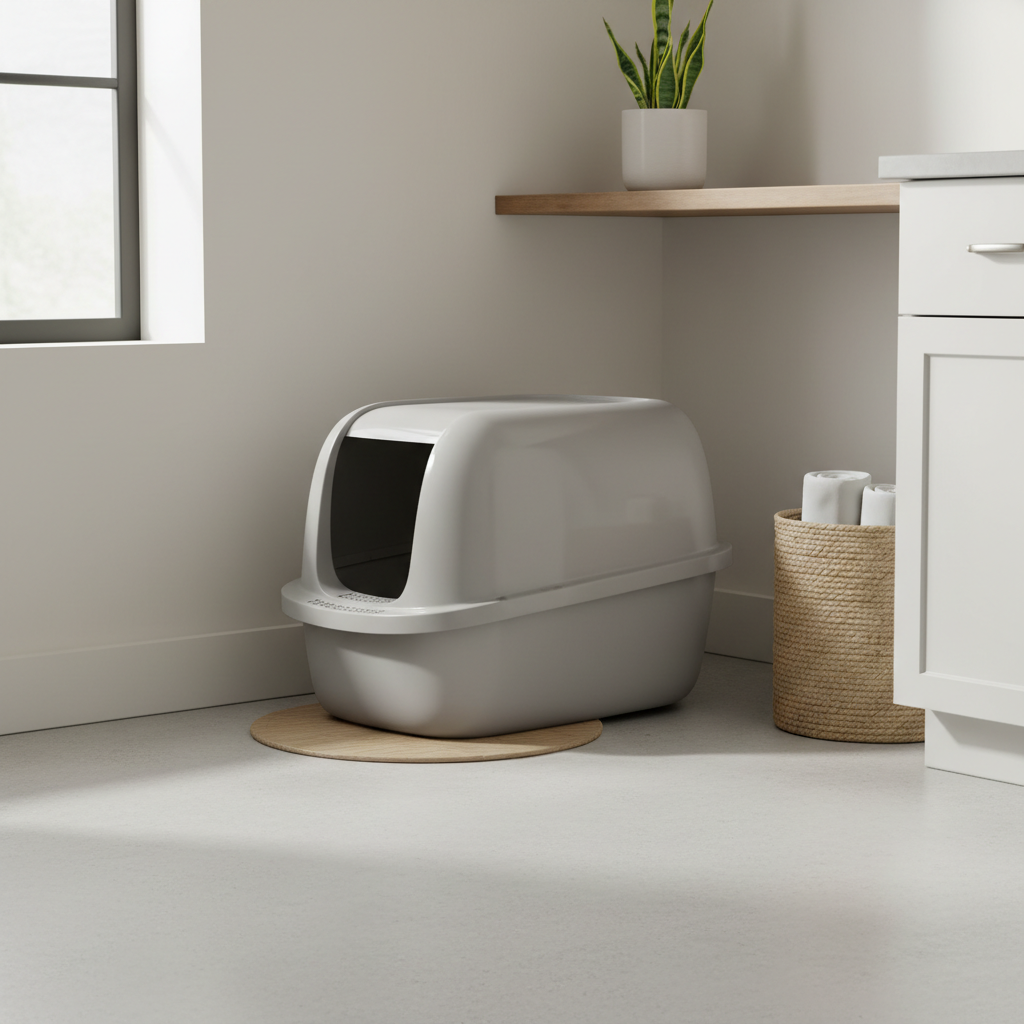 Large high sided cat litter box in a clean laundry room setup