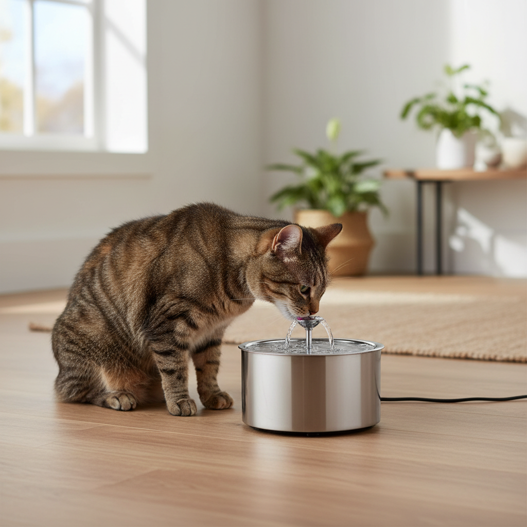 Senior cat drinking from a clean water fountain at home