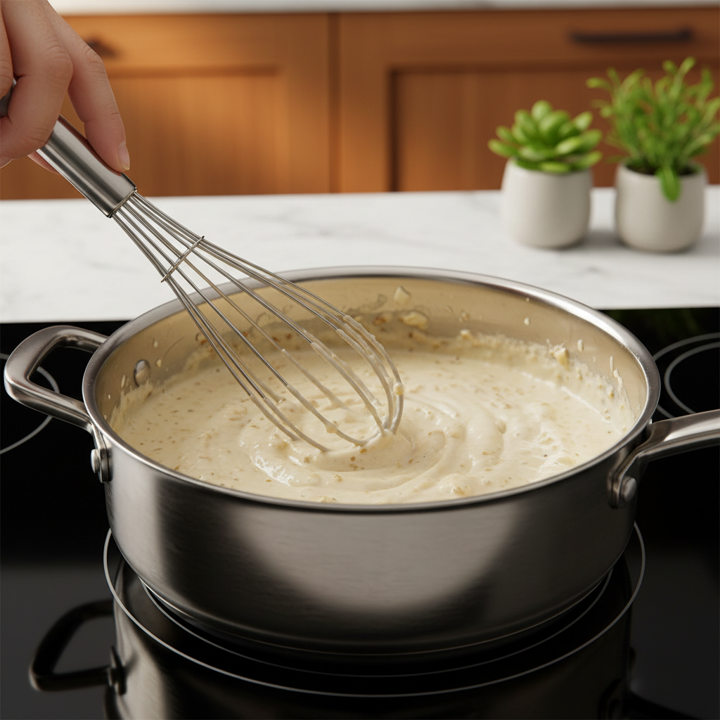 Garlic sauce being whisked in a saucepan for white pizza recipe