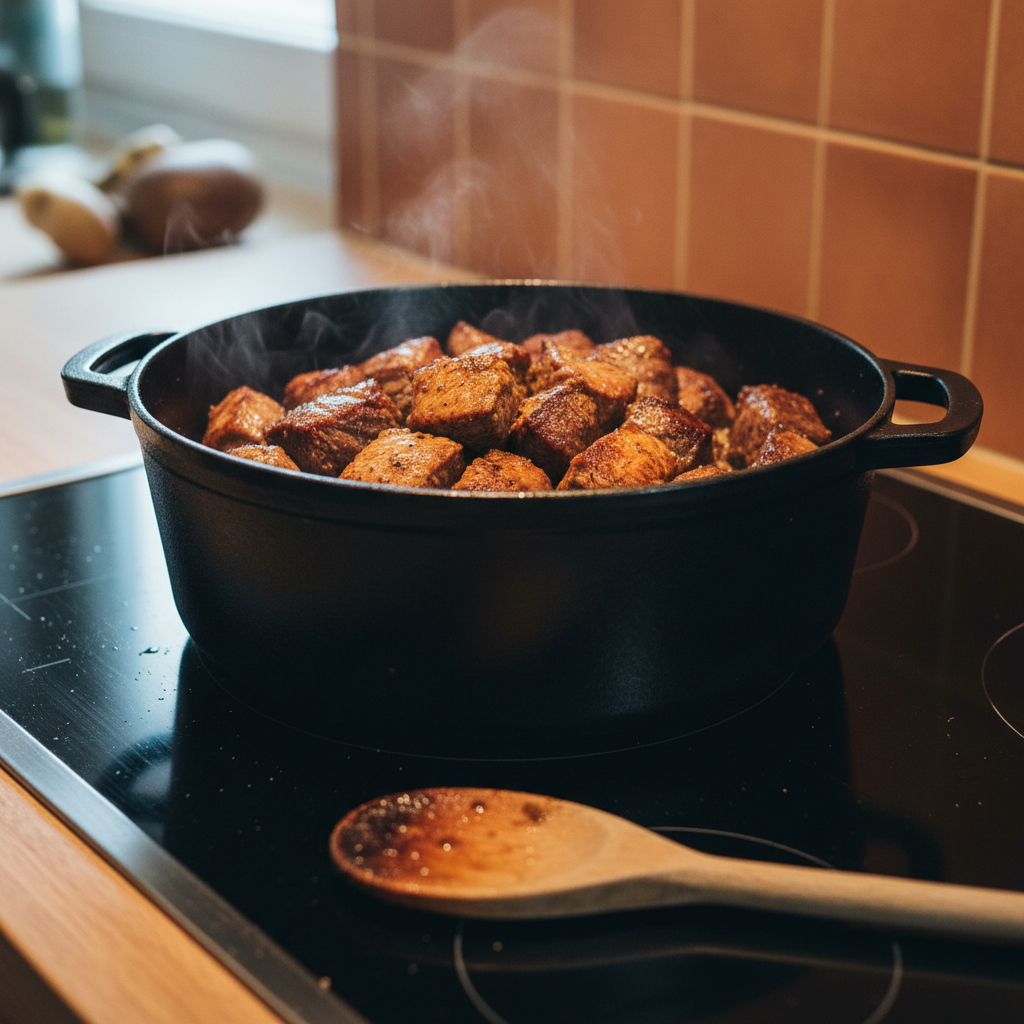 Browning beef cubes in a Dutch oven for beef stew recipe