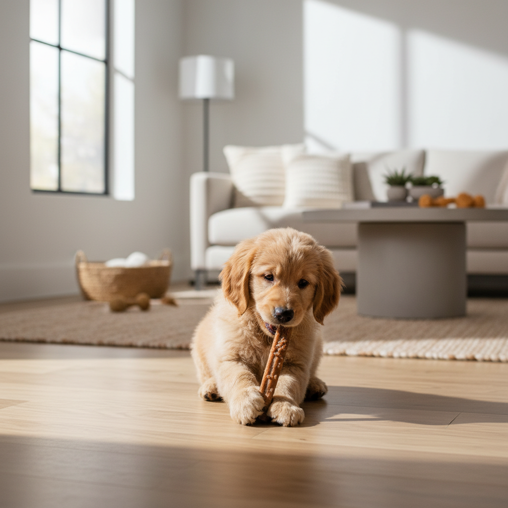Puppy chewing a beef-flavored teething stick on a living room floor