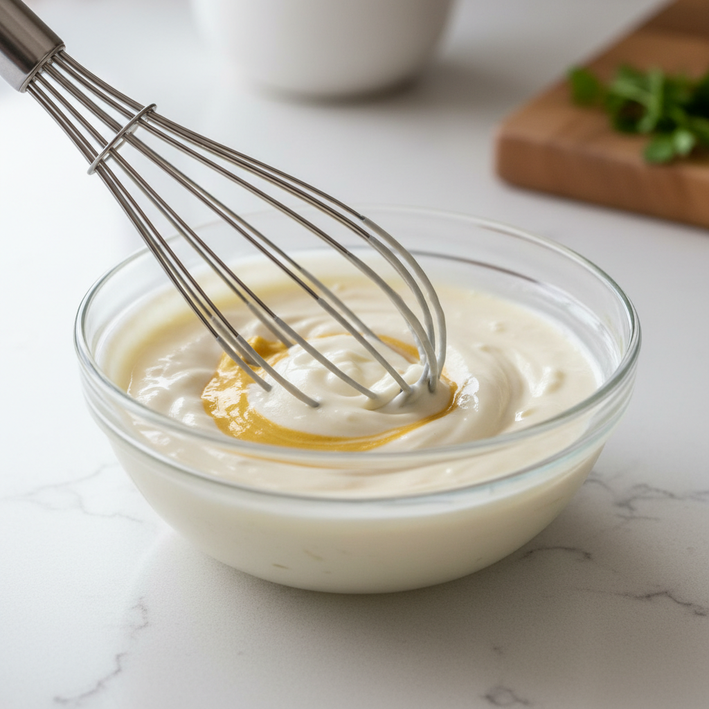 No-mayo coleslaw dressing being whisked in a small bowl with yogurt, mustard, and vinegar