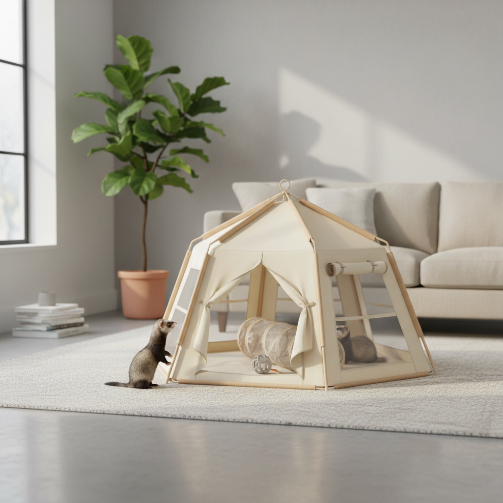 Foldable portable ferret play tent set up in a living room