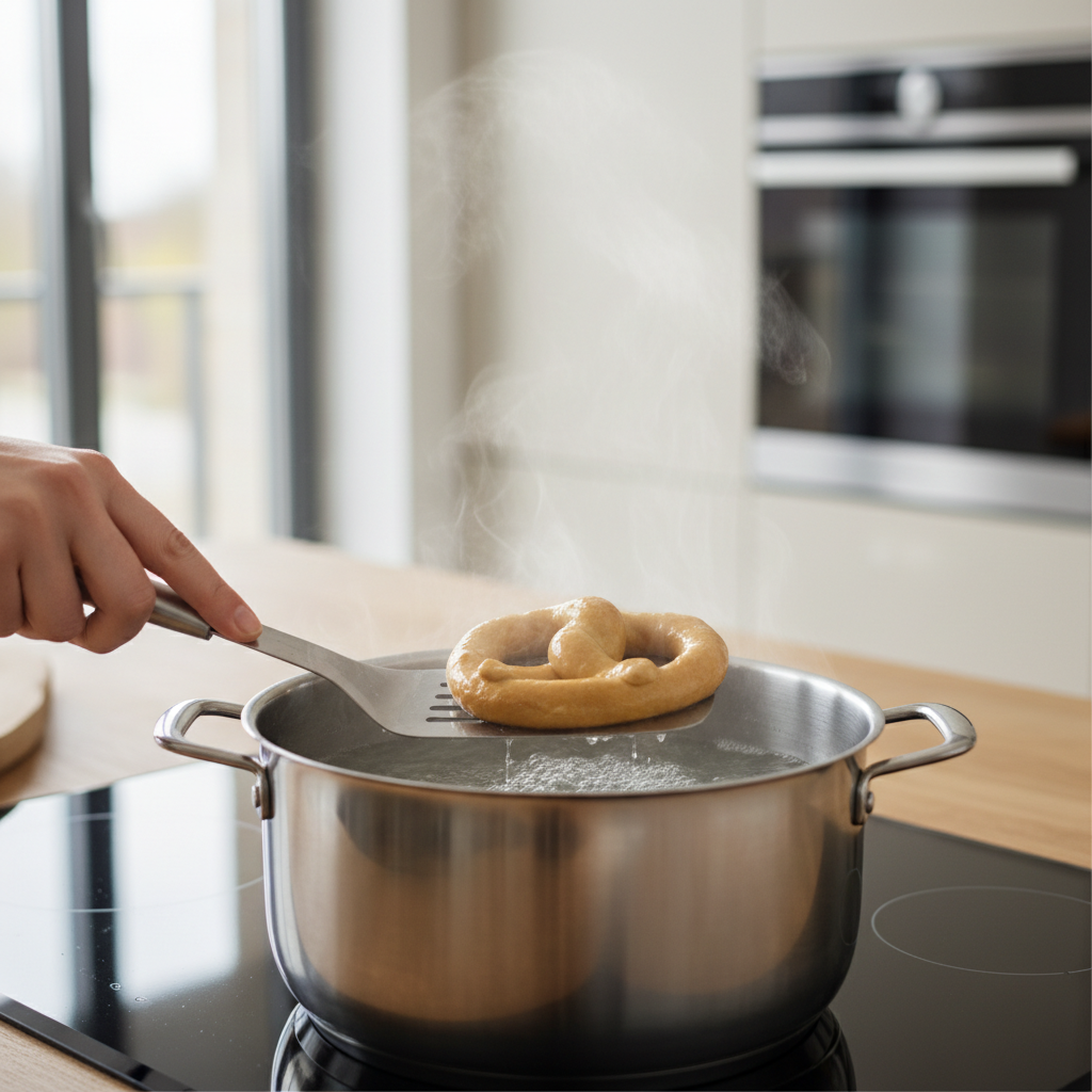 Pretzel dough being dipped into a simmering baking soda bath