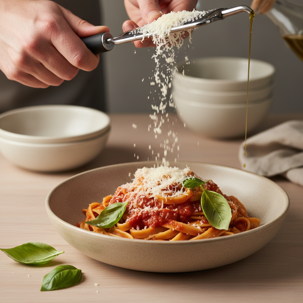 Fresh basil and Parmigiano-Reggiano being used to finish pasta