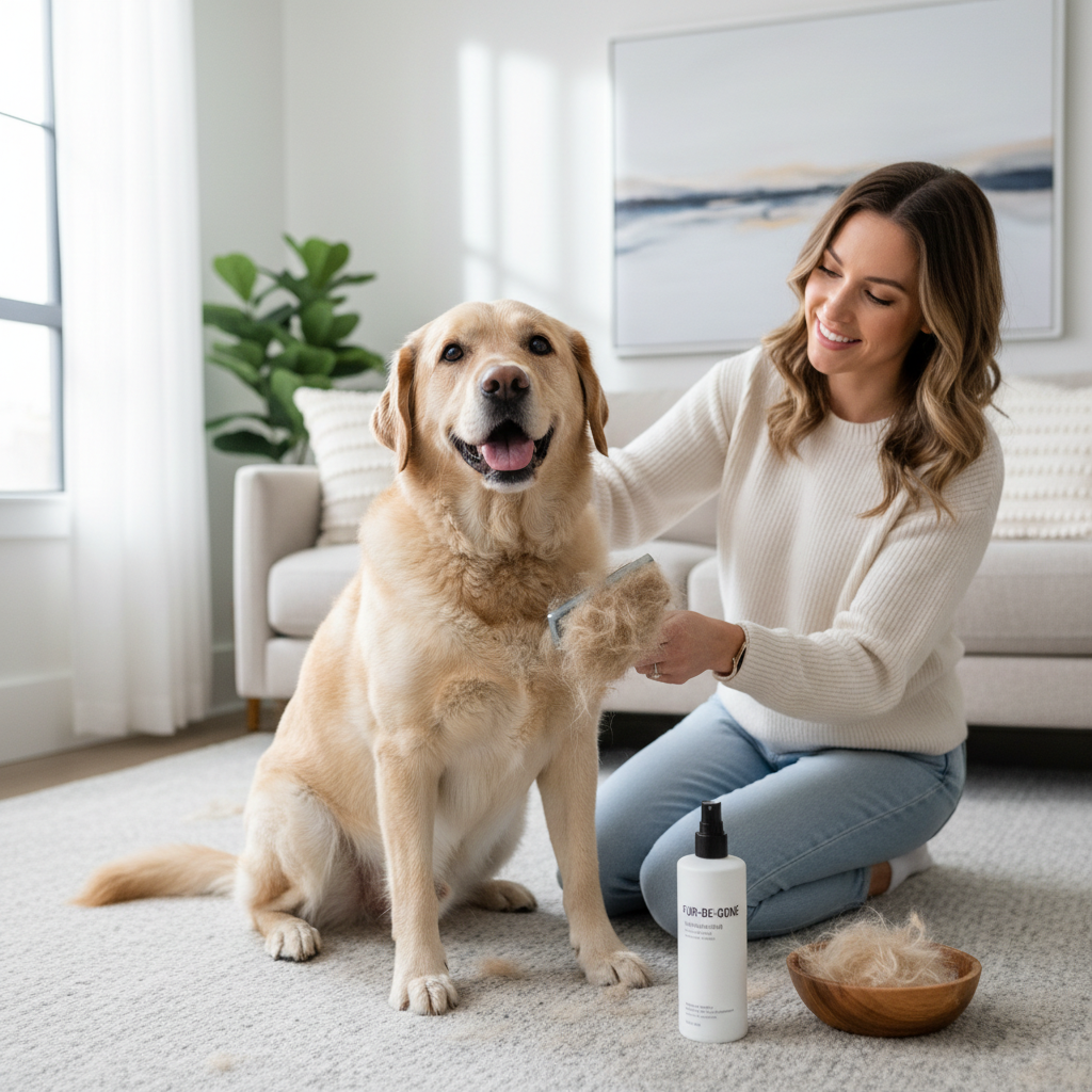 Pet owner brushing a heavy-shedding dog at home with visible loose fur