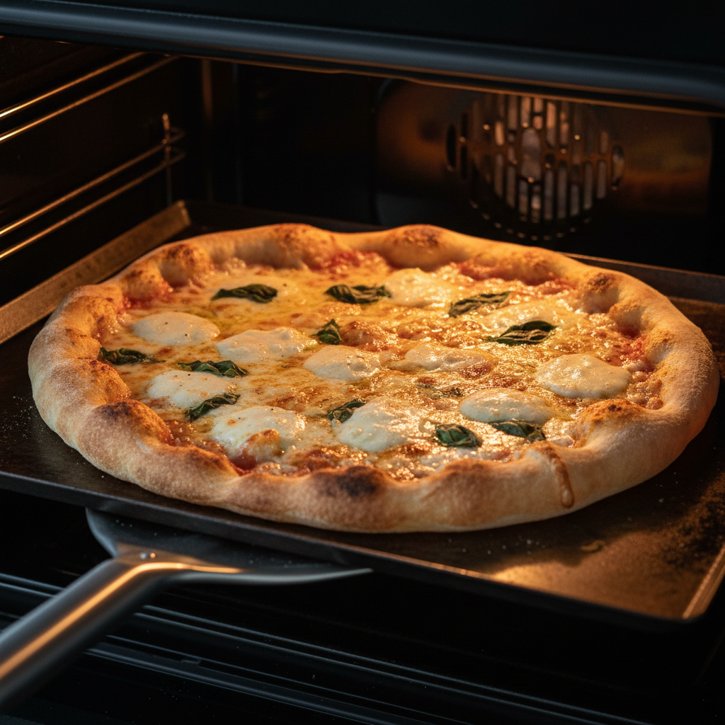 Home oven pizza baking on a preheated steel with crisp crust
