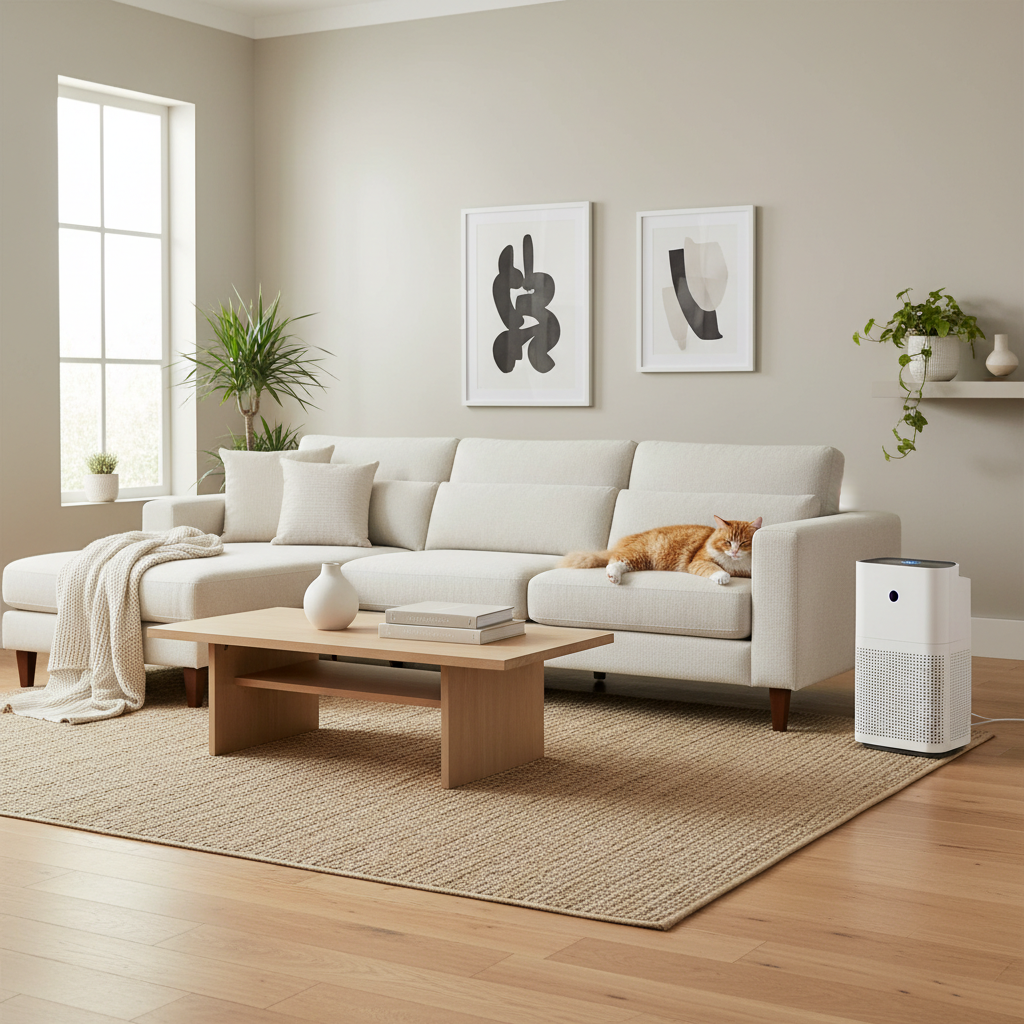 HEPA air purifier and clean living room setup to reduce cat hair and dander