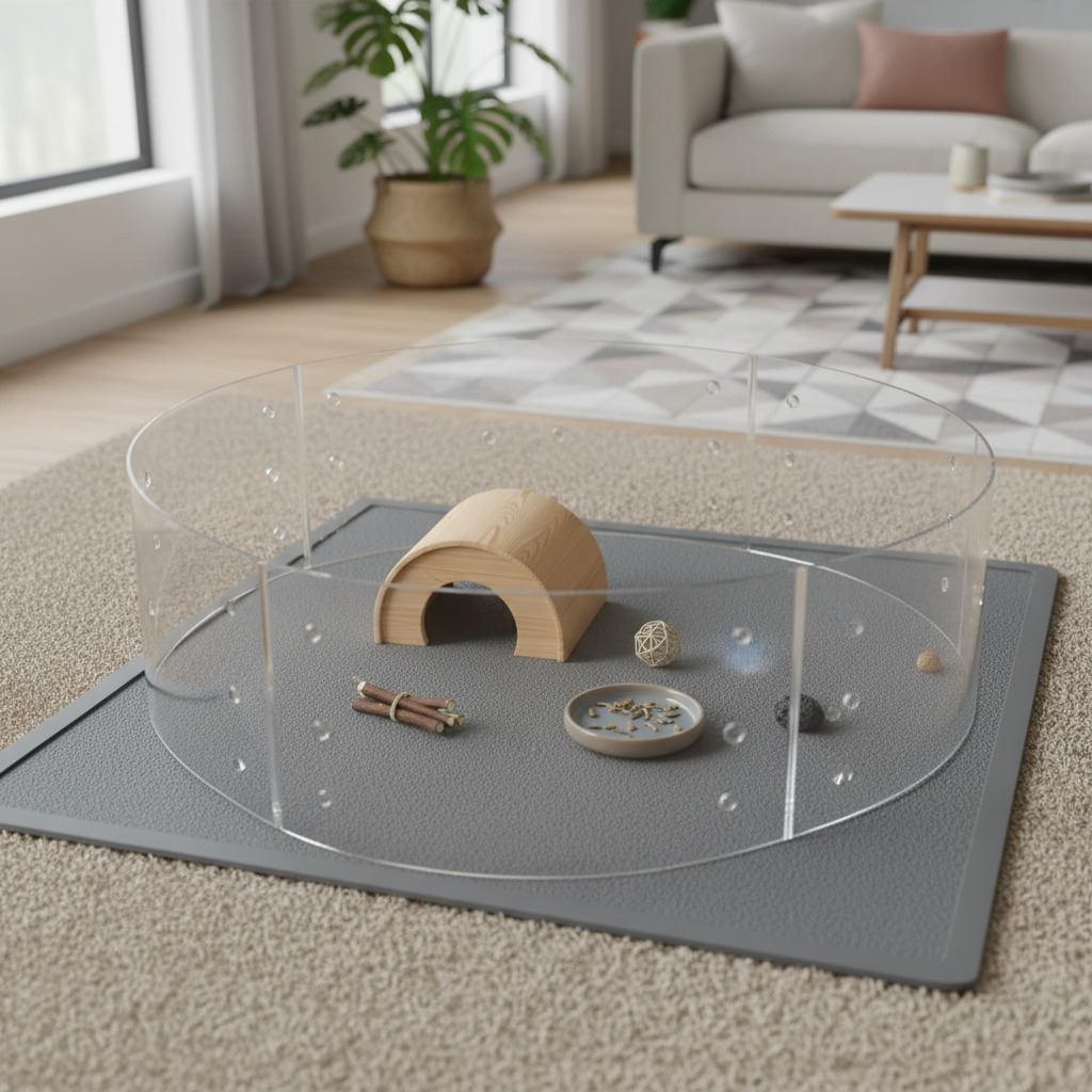 Hamster playpen safety setup with low-profile toys and stable surface mat