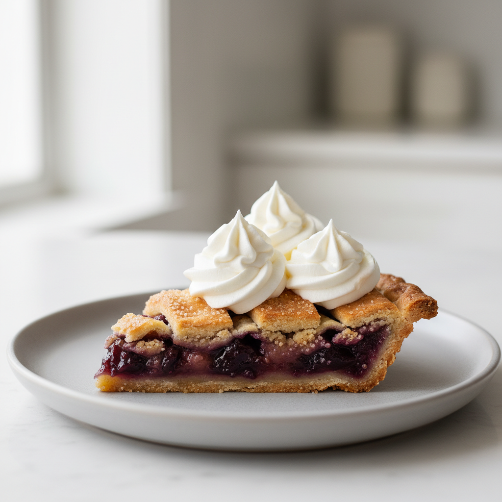 Homemade whipped cream piped onto a slice of pie with clean stable swirls