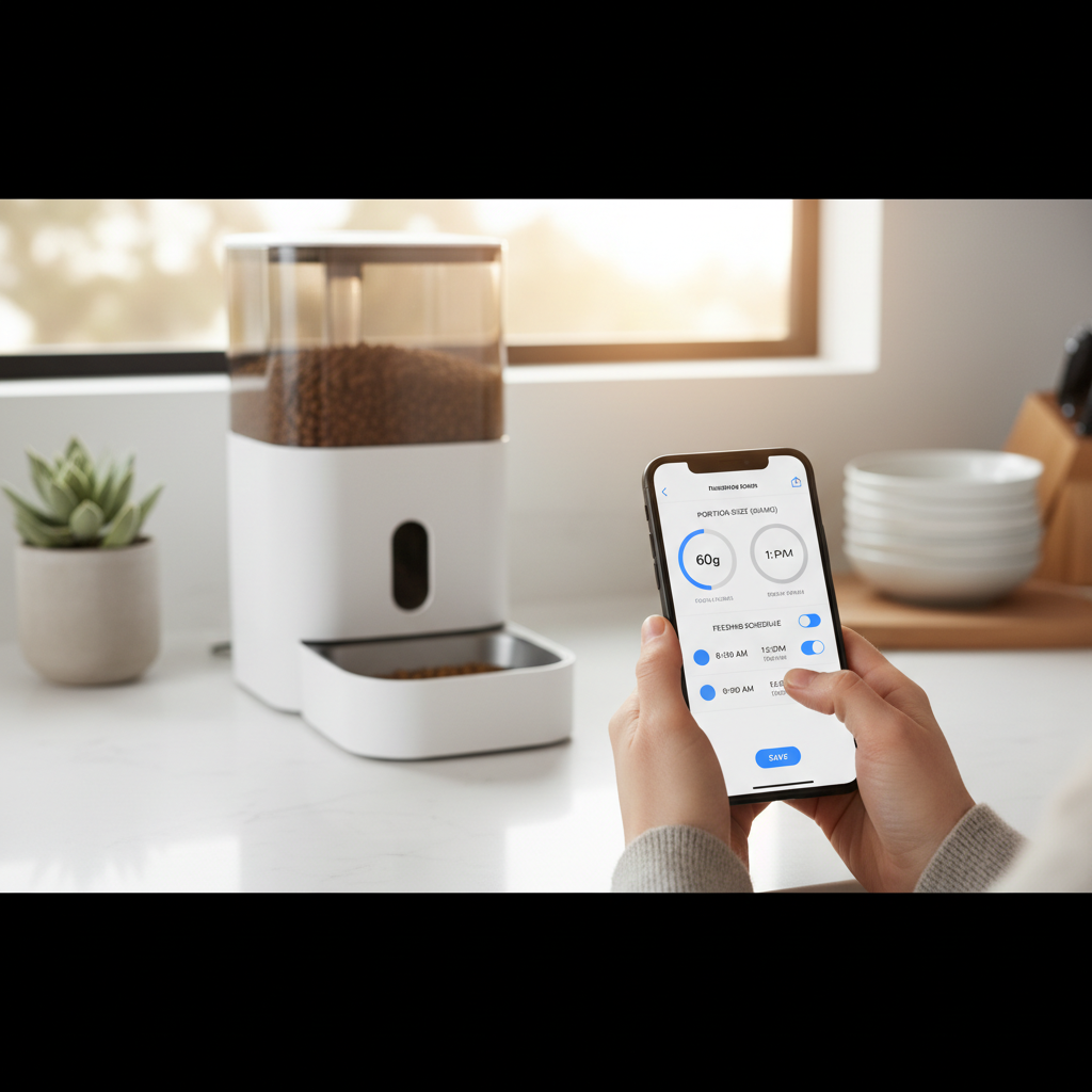 Person adjusting portion settings on an automatic cat feeder for dry food using a smartphone app