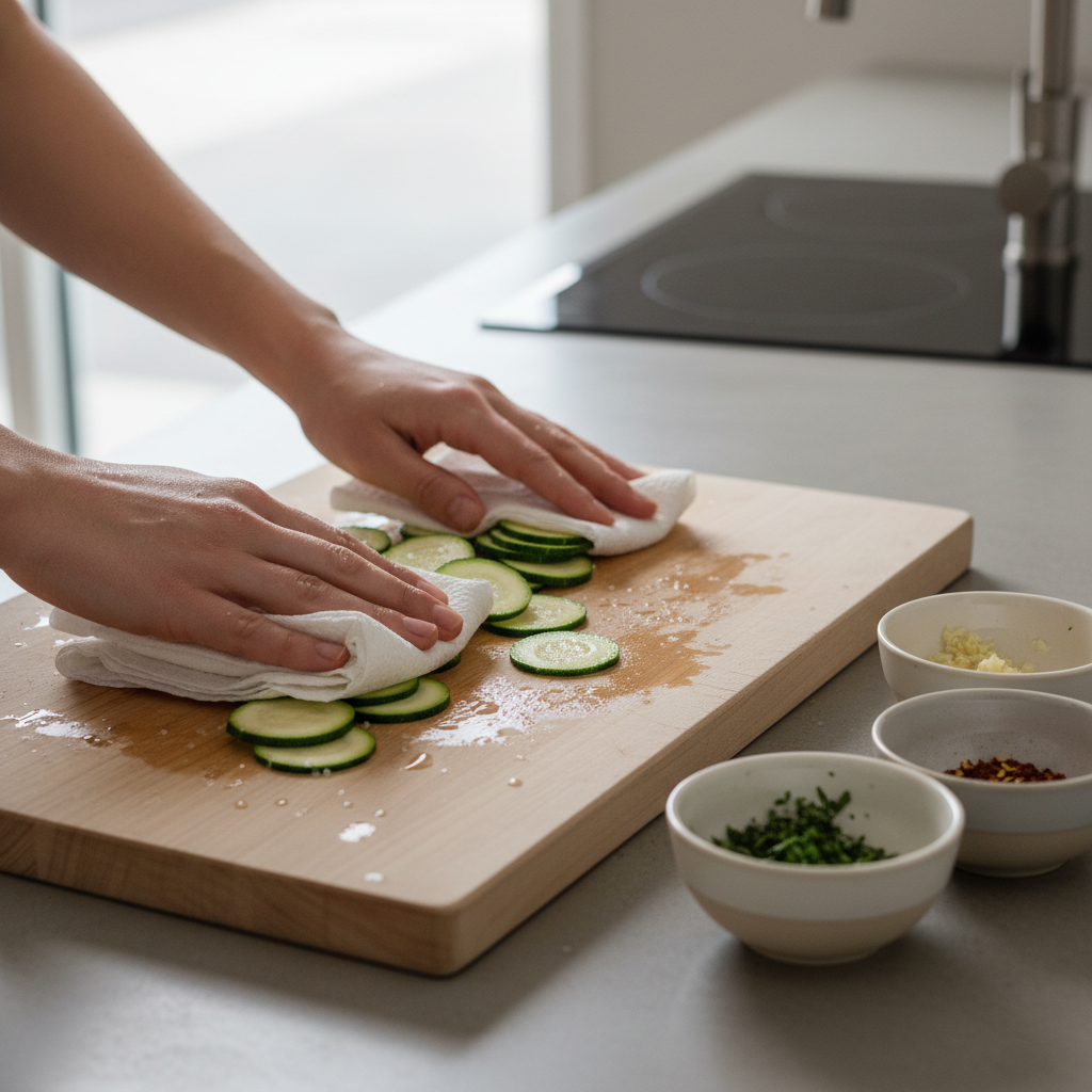 Hands blotting salted zucchini slices with paper towels before baking