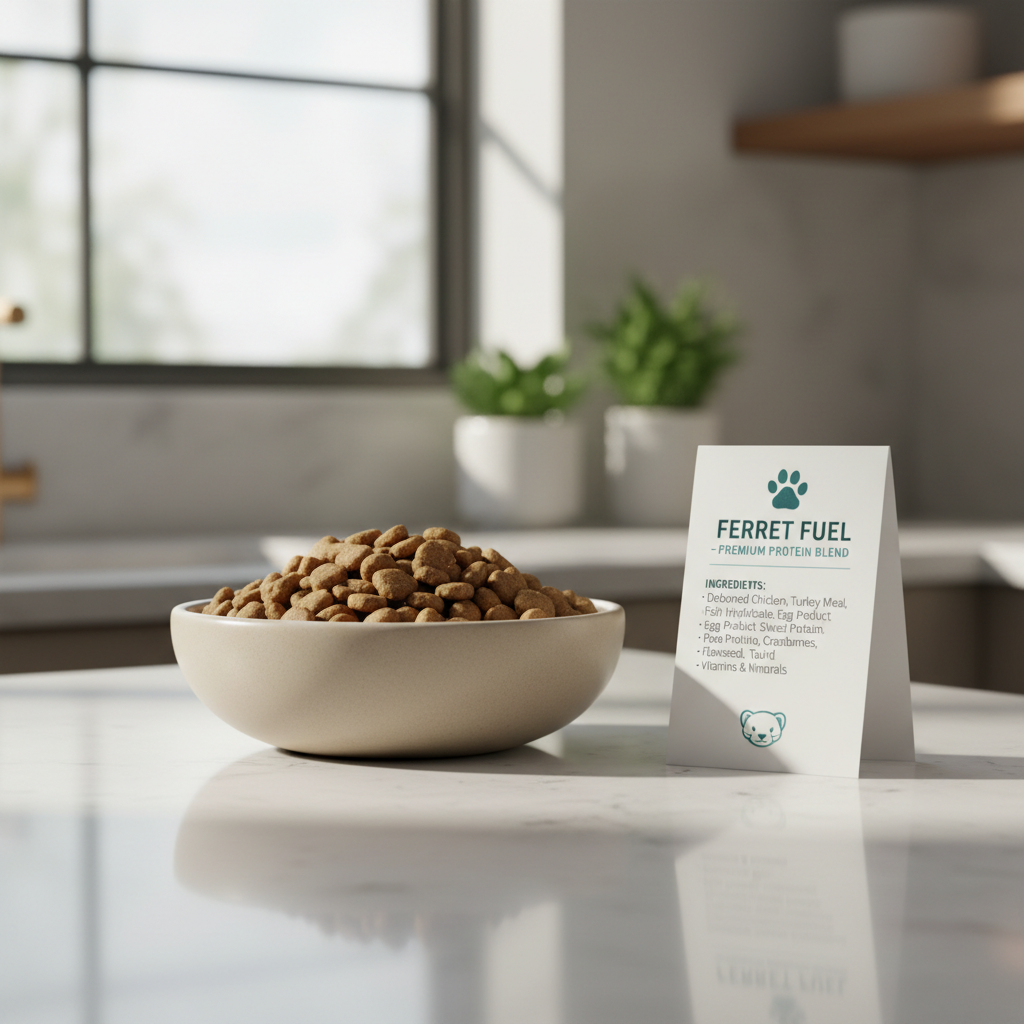 High-protein ferret kibble in a bowl next to label ingredients