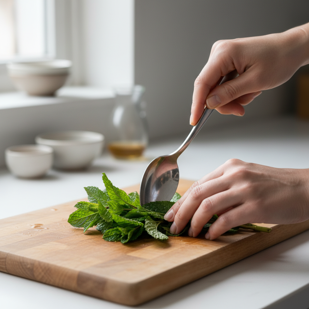 Close-up of mint leaves being gently bruised for tea preparation