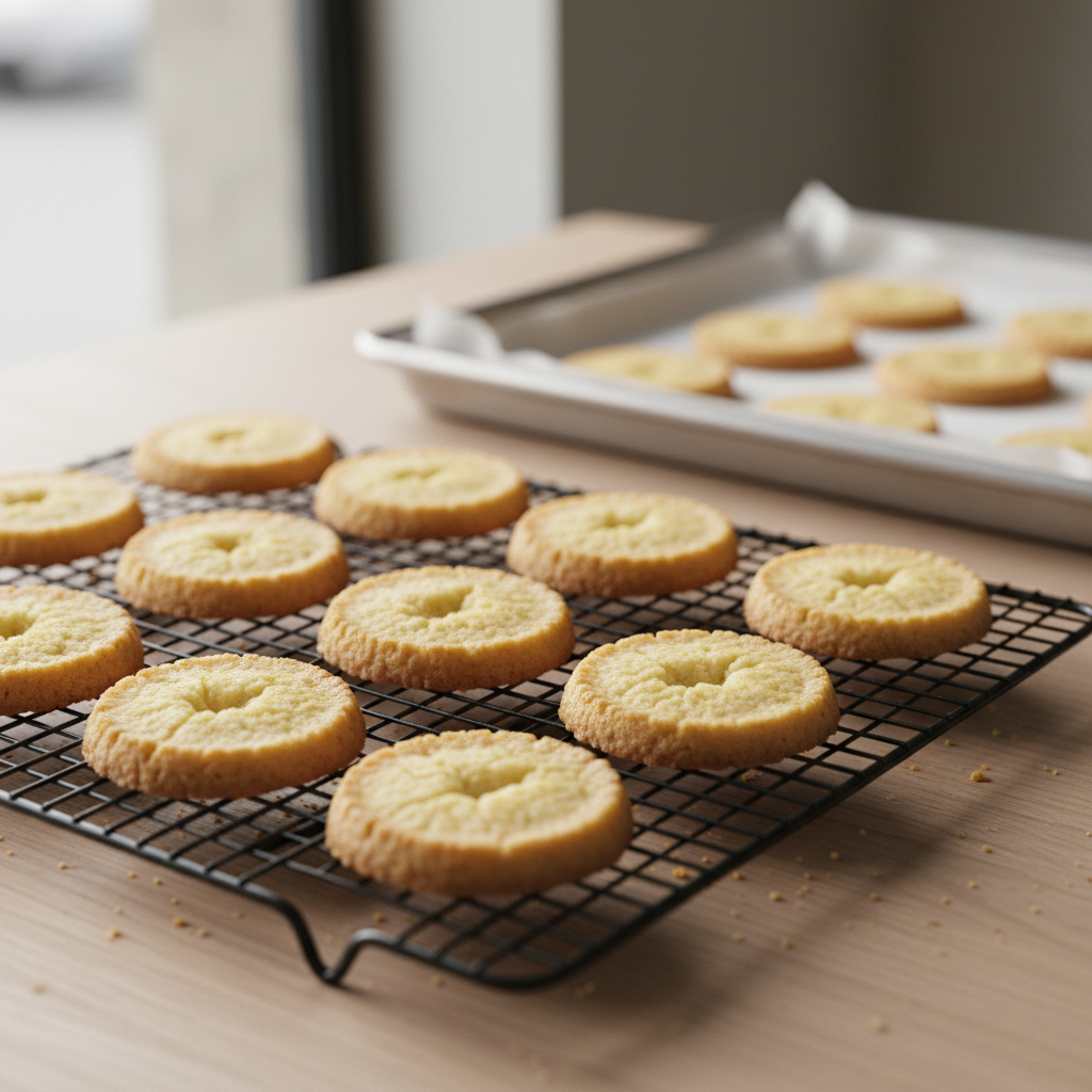 Baked simple shortbread cookies cooling on a wire rack with lightly golden edges