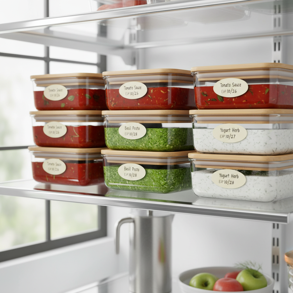 Meal prep containers with homemade tomato sauce pesto and yogurt sauce labeled in fridge