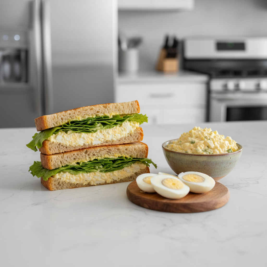 Classic egg salad sandwich on toasted bread with lettuce and sliced eggs
