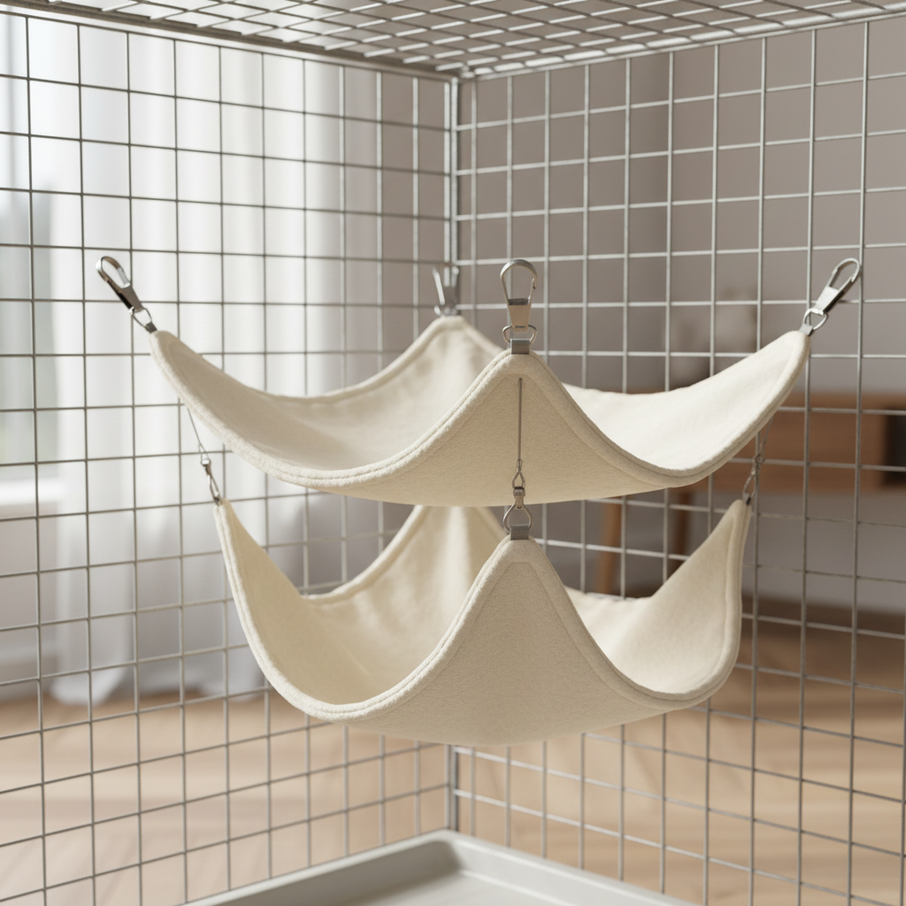Double layer ferret cage hammock hanging securely inside a wire cage