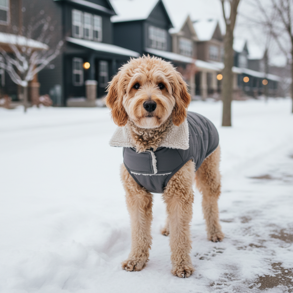 Dog wearing a fleece-lined winter coat on a snowy sidewalk