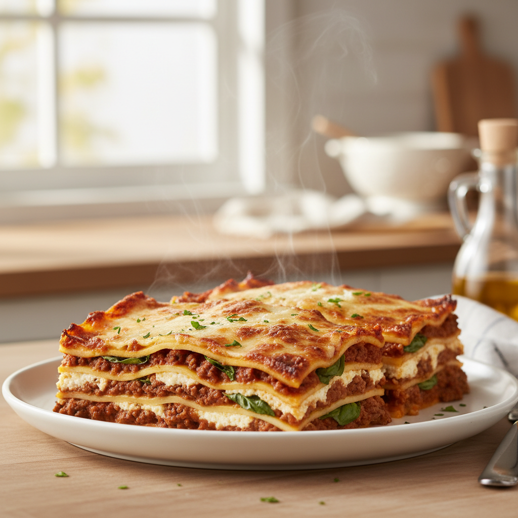 Easy no-boil noodle lasagna with clean layers and browned cheese top