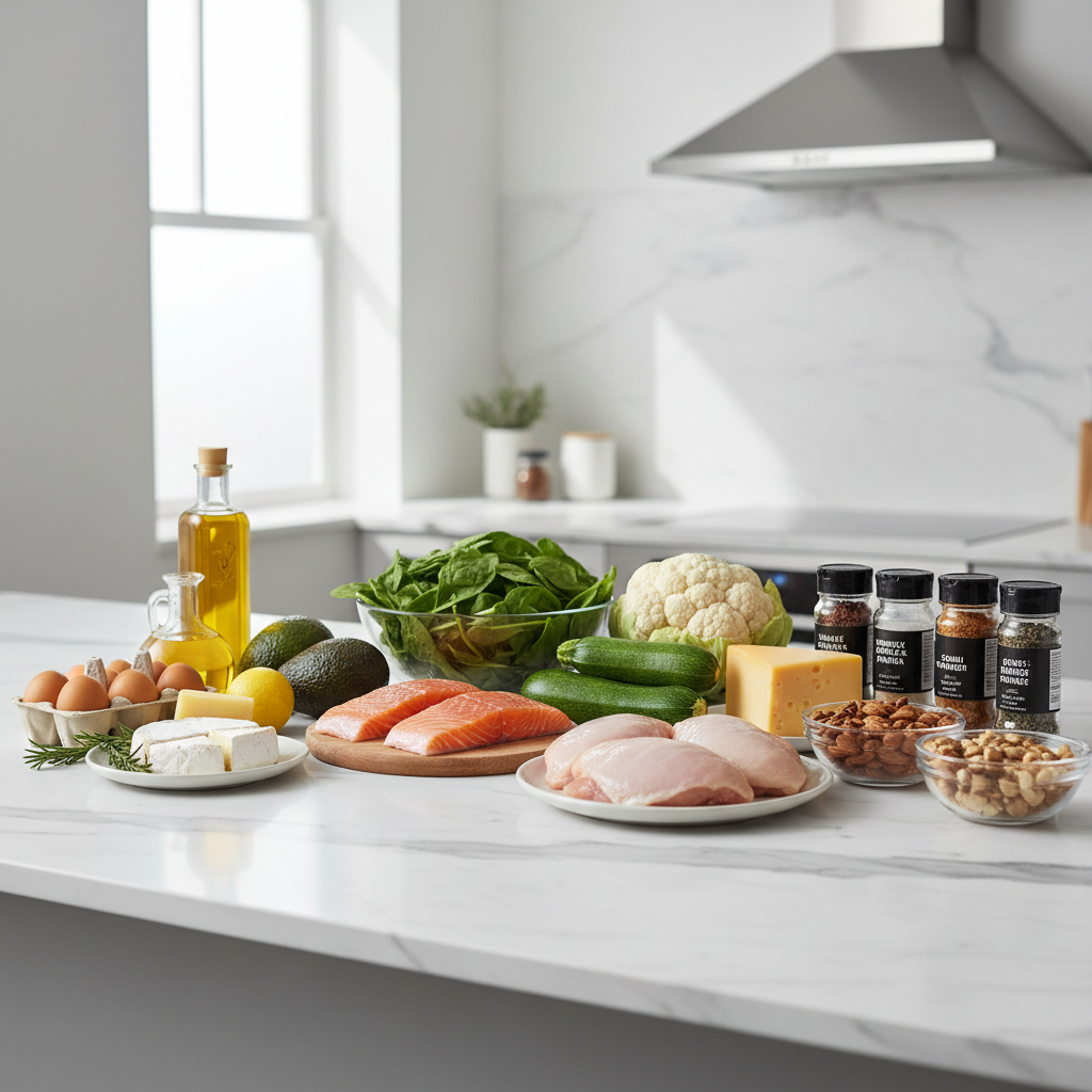 Beginner-friendly keto meal ingredients on a kitchen counter