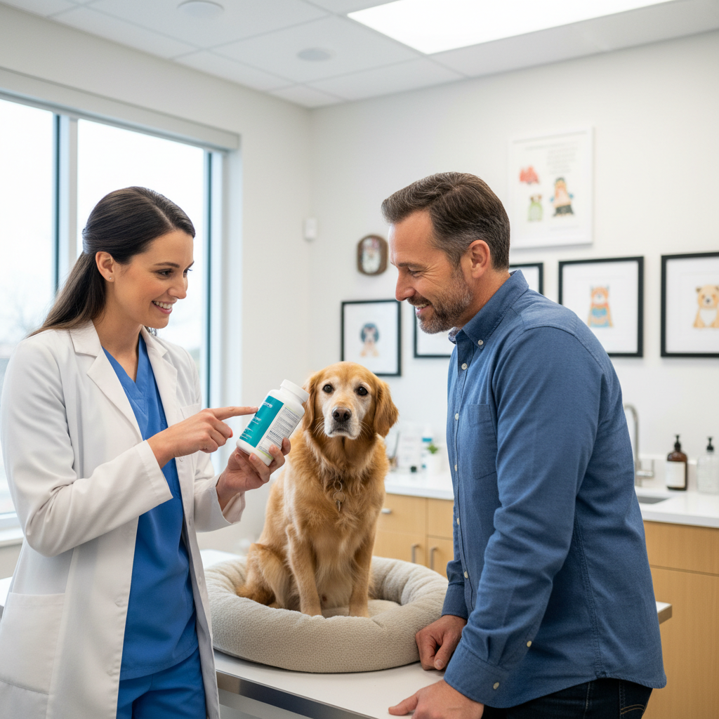 Veterinarian reviewing supplement label with dog owner