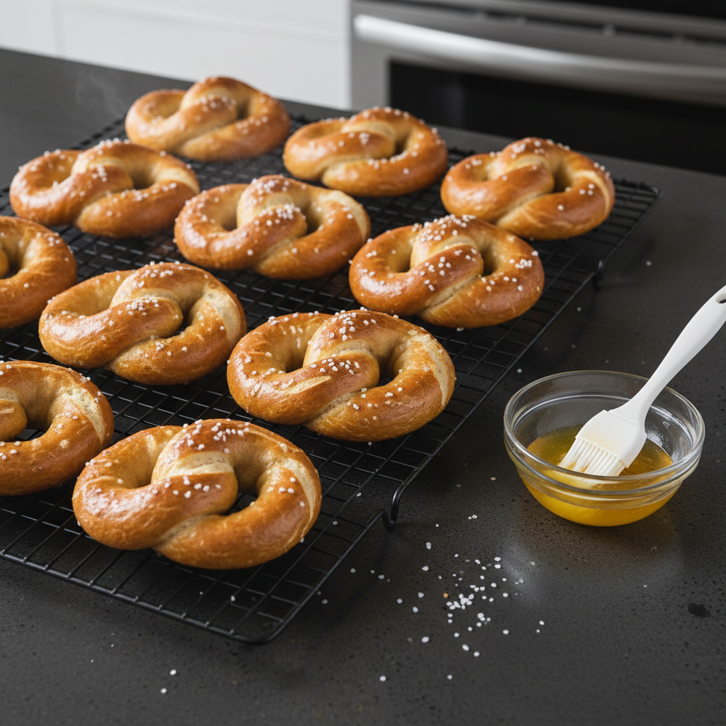 Golden-brown pretzels cooling on a wire rack with butter brush