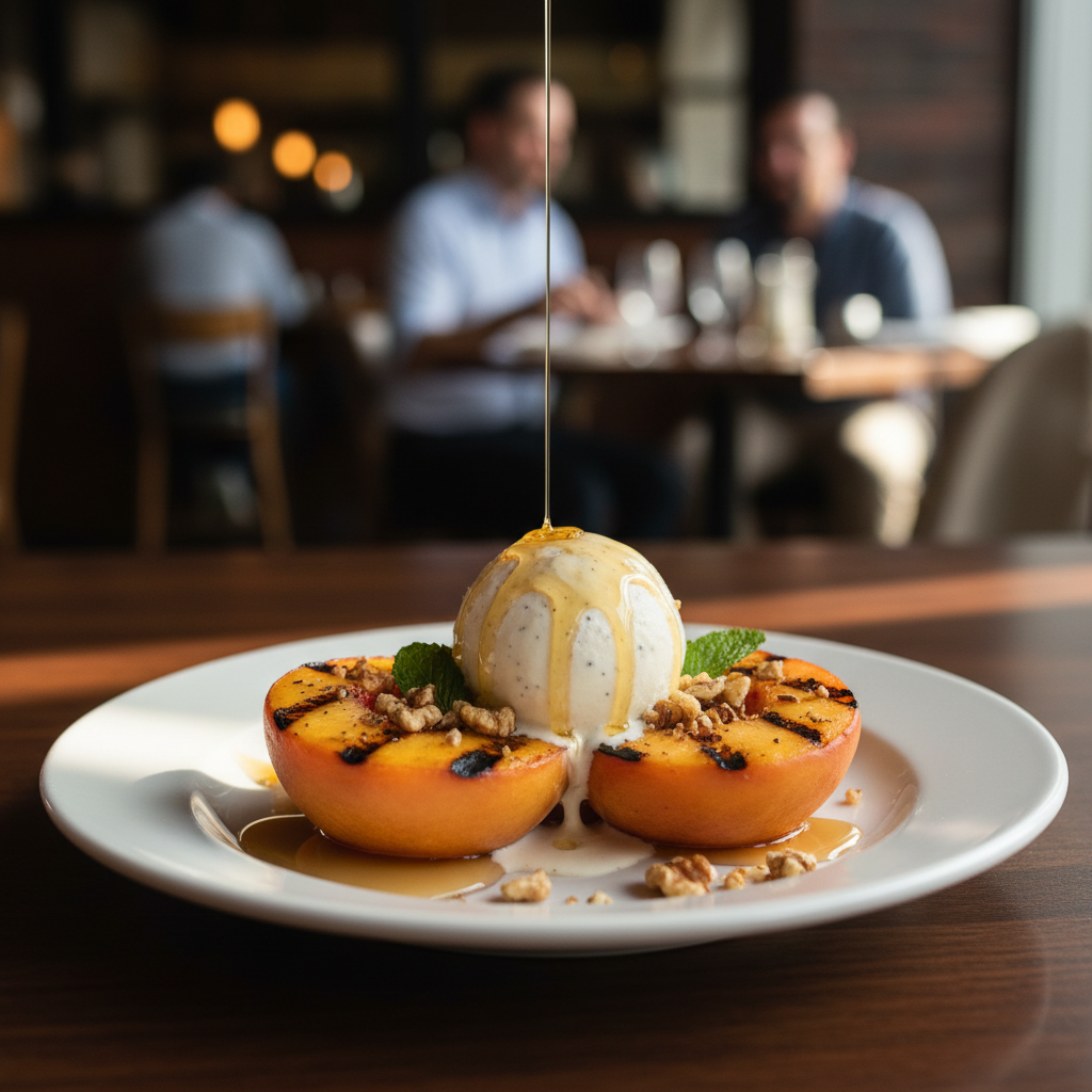 Plated honey grilled peaches with vanilla ice cream and toasted nuts