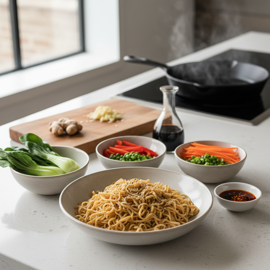 Weeknight noodle dinner with simple ingredients on a kitchen counter