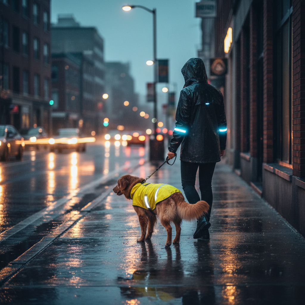 Reflective dog rain jacket visibility on a rainy night walk
