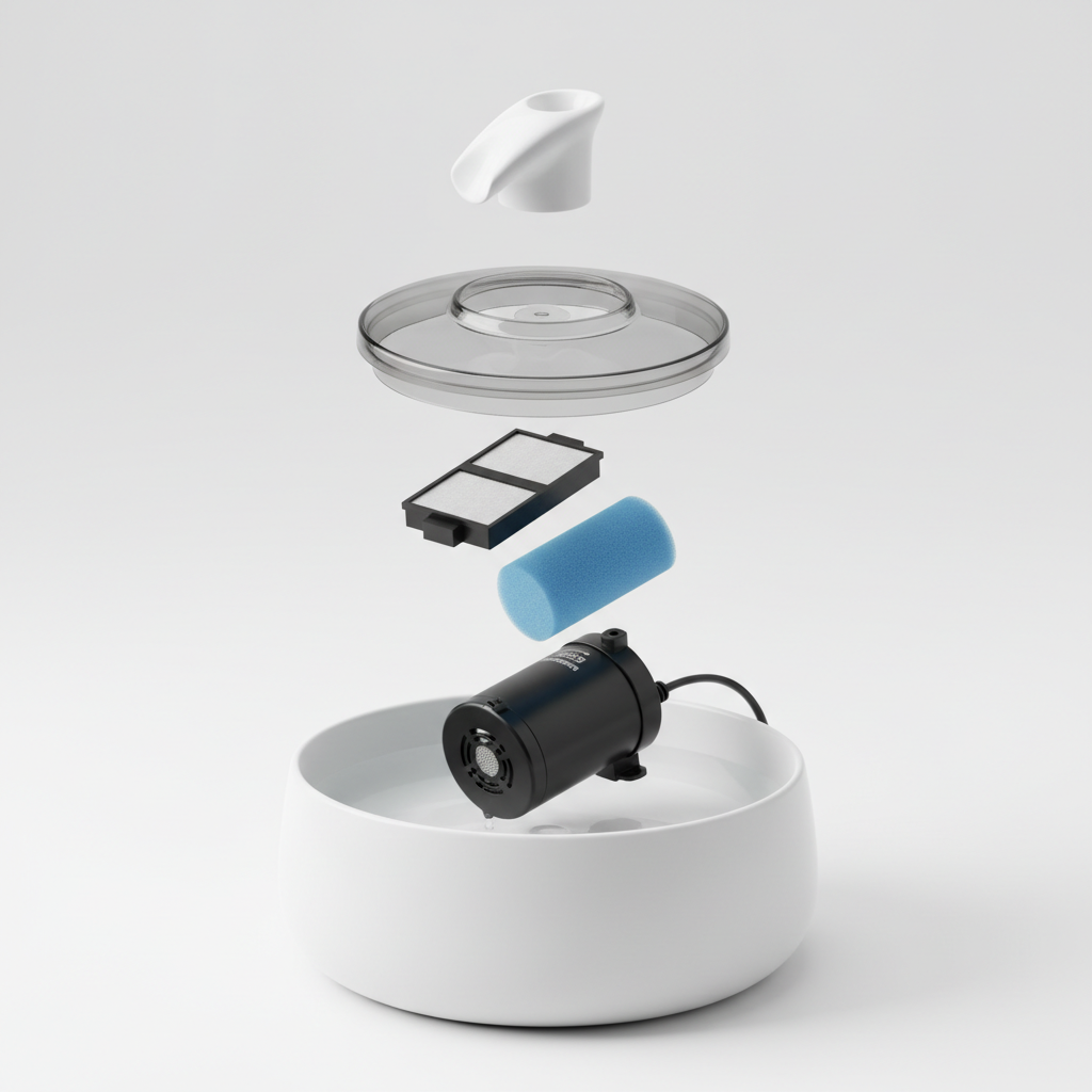 Exploded view of cat water fountain parts showing pump, filter and basin