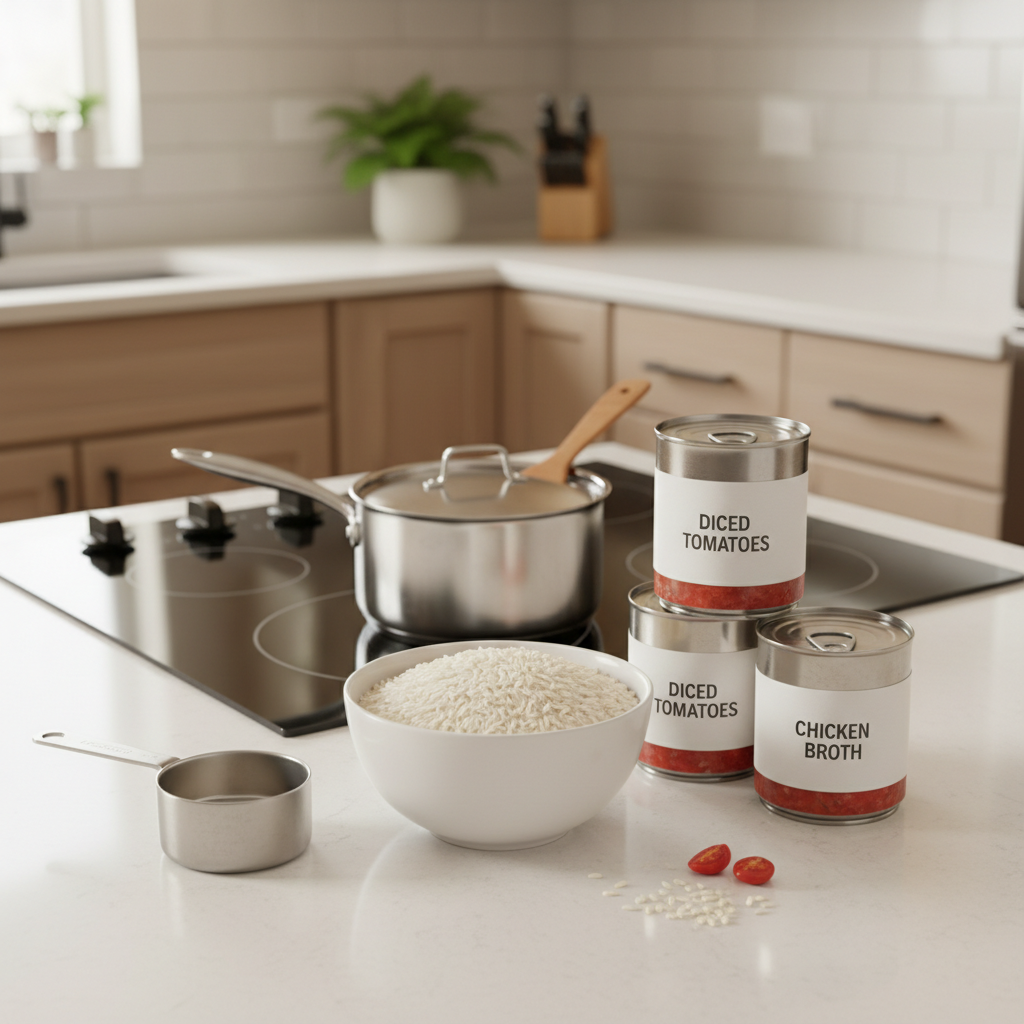 Simple emergency cooking setup with rice, beans, and canned tomatoes