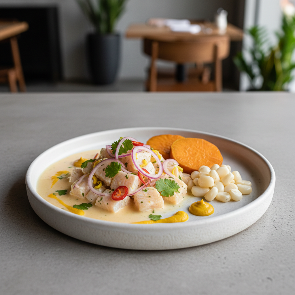 Plated Peruvian ceviche with red onion, cilantro, and sweet potato sides