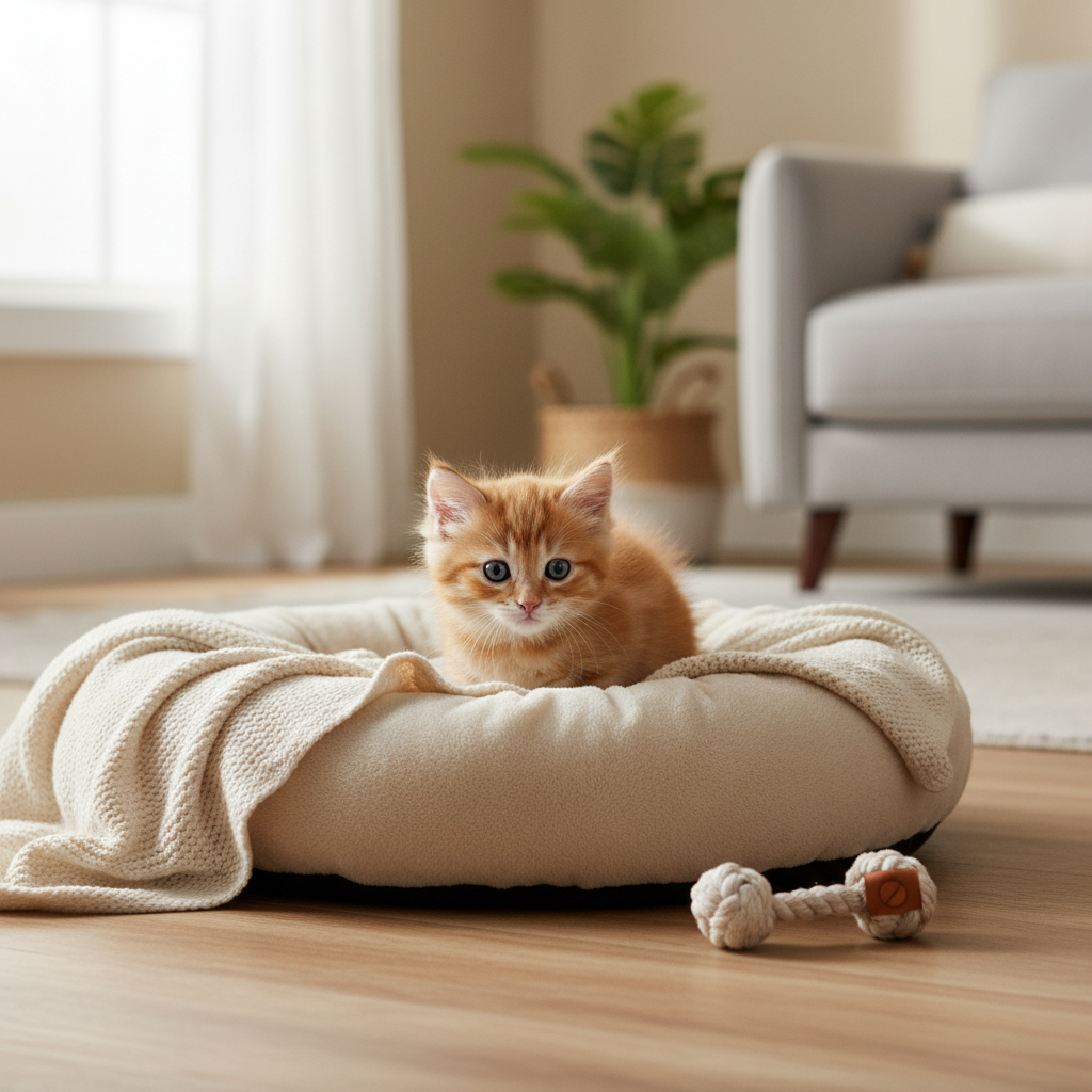 Kitten exploring a cozy small bed with a blanket and toy nearby