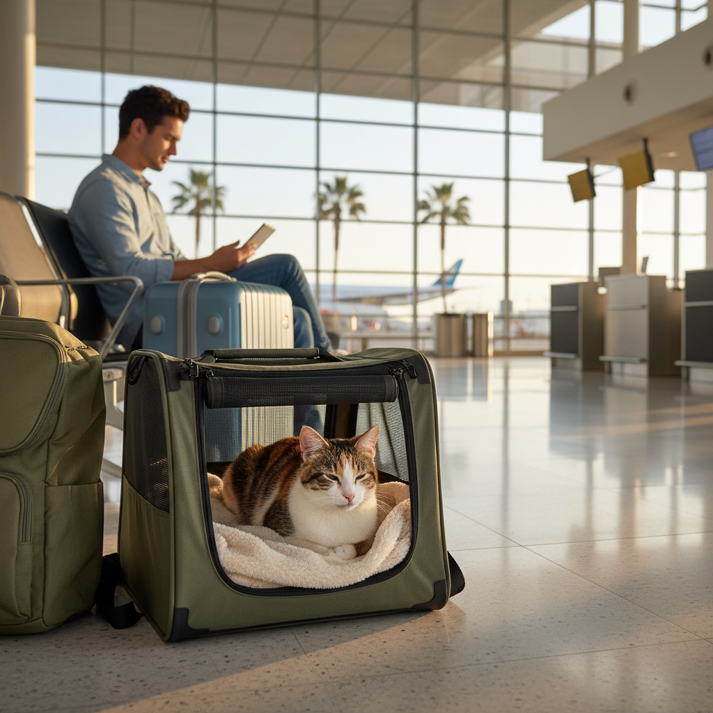 Cat resting calmly inside a soft-sided airline carrier during airport travel