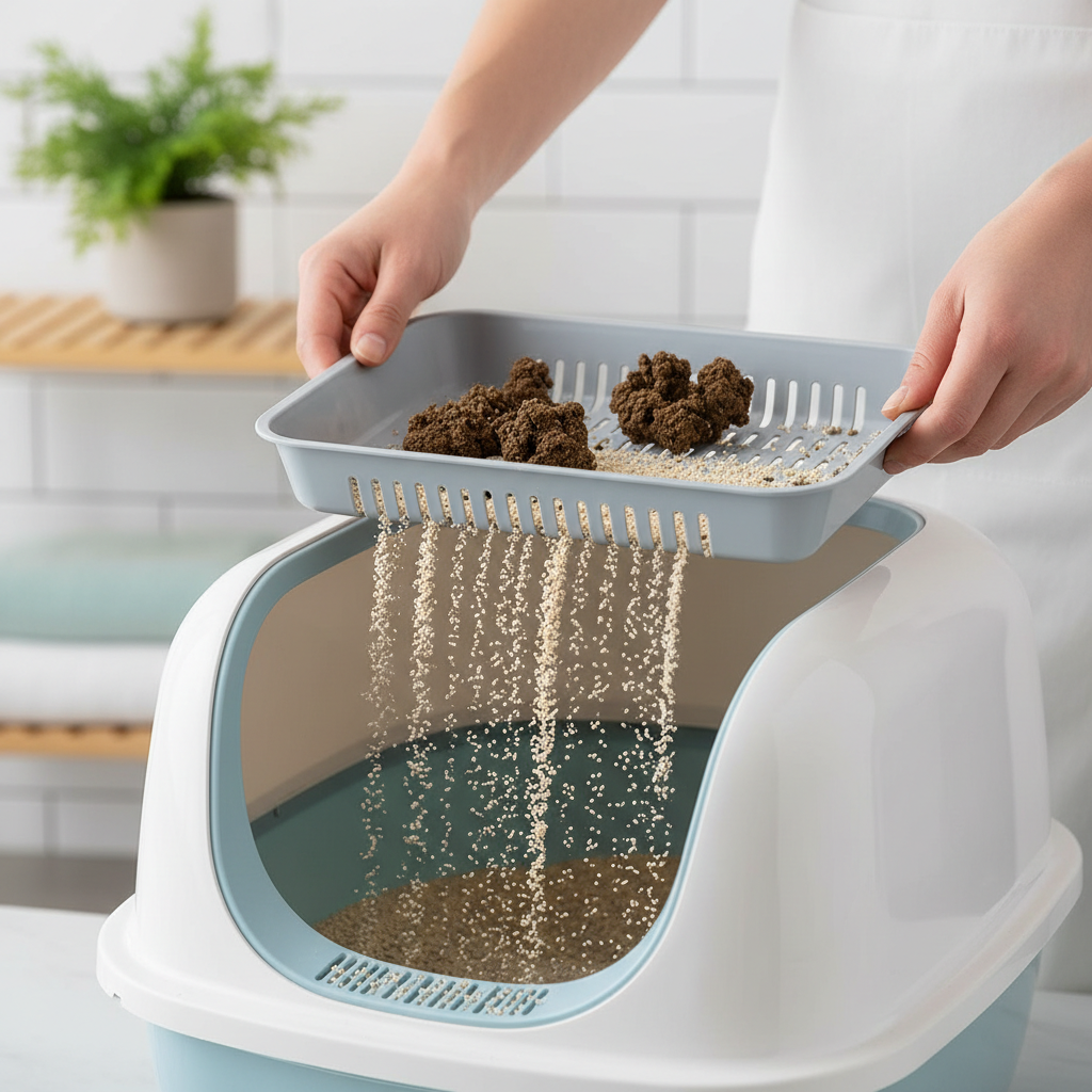 Hands lifting the sifting tray over a litter box to separate clumps from clean litter