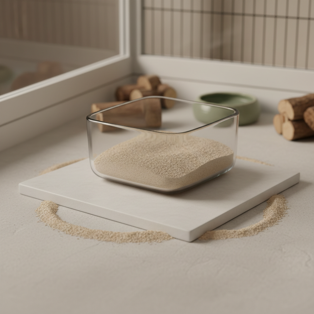 Hamster sand bath container placed on a flat tile base to prevent tipping and sand spill