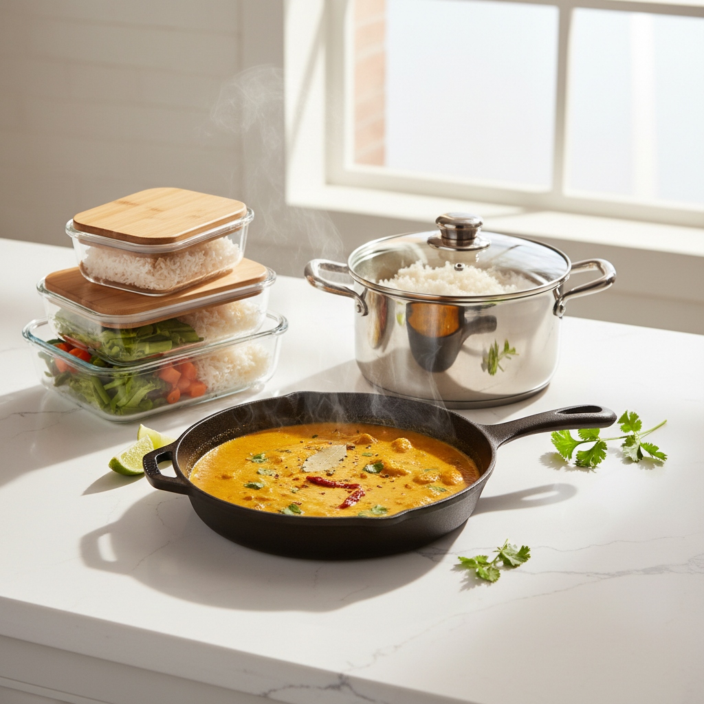 Simmering curry sauce in a skillet next to cooked rice for meal prep